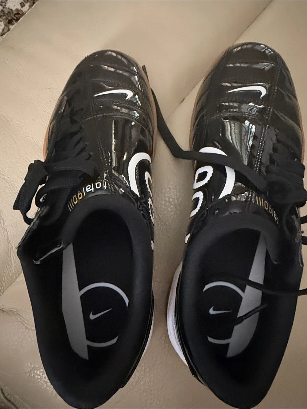 Women’s Nike Black Patent Leather Sneakers with White Swoosh, Nike Total 90.